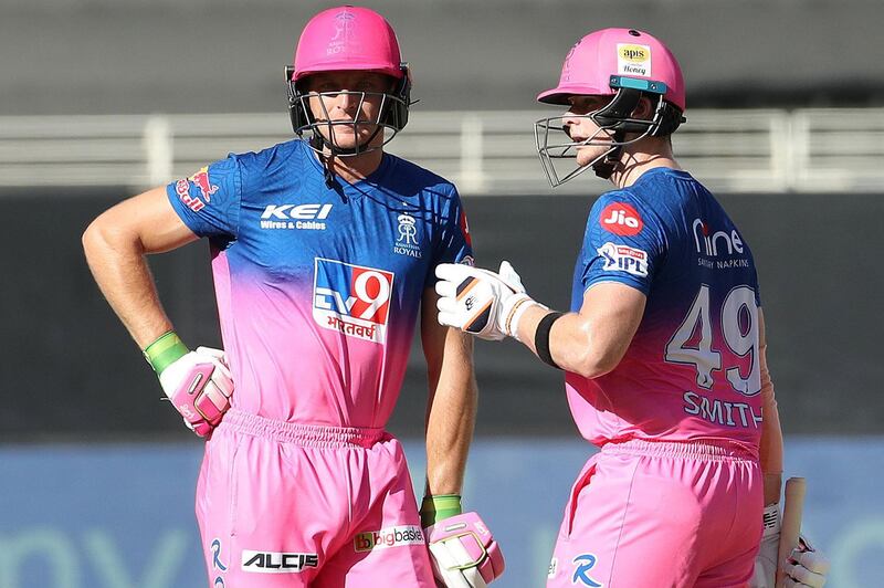 Jos Buttler  of Rajasthan Royals and Steve Smith captain of Rajasthan Royals during match 33 of season 13 of the Dream 11 Indian Premier League (IPL) between the Rajasthan Royals and the Royal Challengers Bangalore held at the Dubai International Cricket Stadium, Dubai in the United Arab Emirates on the 17th October 2020.  Photo by: Ron Gaunt  / Sportzpics for BCCI