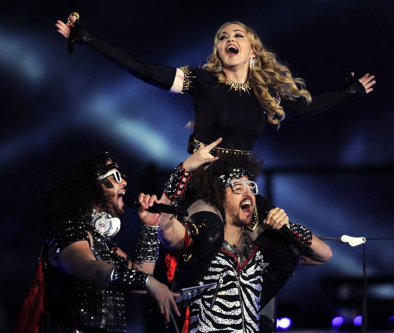 Madonna during the NFL Super Bowl XLVI half-time show on February 5, 2012, at Lucas Oil Stadium in Indianapolis, Indiana. AFP