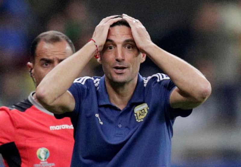 Argentina coach Lionel Scaloni reacts after a decision goes against his side. AFP