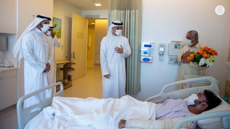 Sheikh Khaled visits people who were admitted to hospital following the gas explosion. Courtesy: Abu Dhabi Government Media Office