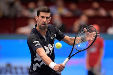 VIENNA, AUSTRIA - OCTOBER 30: Novak Djokovic of Serbia plays a backhand during his quarter finals match against Lorenzo Sonego of Italy on day seven of the Erste Bank Open tennis tournament at Wiener Stadthalle on October 30, 2020 in Vienna, Austria. (Photo by Thomas Kronsteiner/Getty Images)