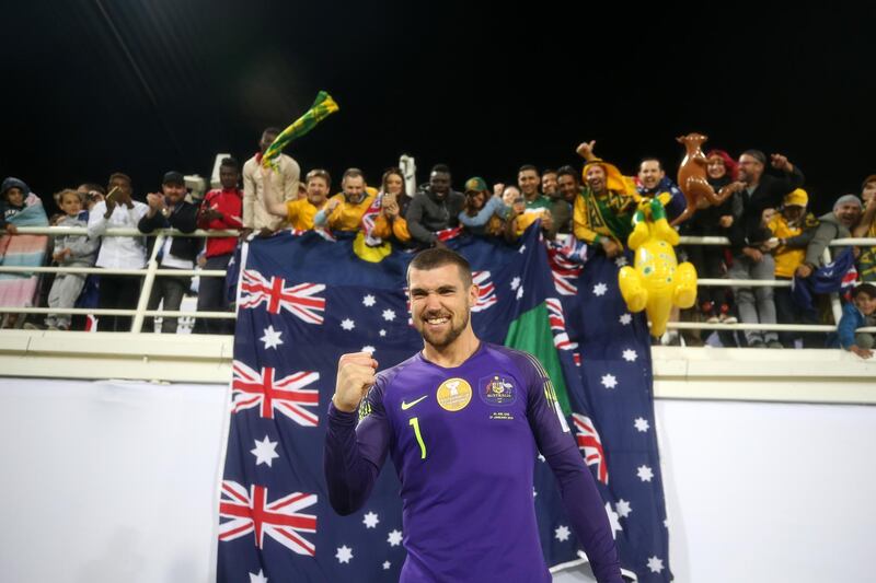 AL AIN, UNITED ARAB EMIRATES - JANUARY 21: Mat Ryan of Australia celebrates with fans following his side's win after a penalty shoot-out in the AFC Asian Cup round of 16 match between Australia and Uzbekistan at Khalifa Bin Zayed Stadium on January 21, 2019 in Al Ain, United Arab Emirates. (Photo by Francois Nel/Getty Images)