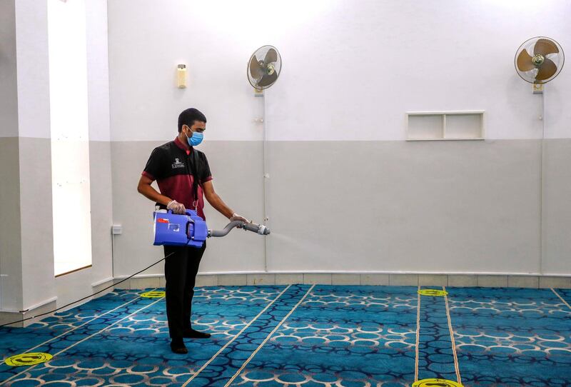 Abu Dhabi, United Arab Emirates, July 20, 2020.   
  A prayer room is sanitised at the Al Wahda Mall on the first day of reopening as Covid-19 restrictions ease.
Victor Besa  / The National
Section: NA
For:  Standalone / Stock