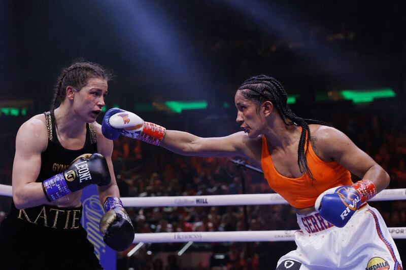 Amanda Serrano throws a jab at Katie Taylor. Getty