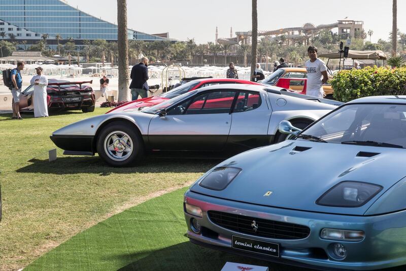 DUBAI, UNITED ARAB EMIRATES. 07 DECEMBER 2017. Cars on display at the Gulf Concours event at the Burj Al Arab. 1981 Ferrari 512BB. (Photo: Antonie Robertson/The National) Journalist: Adam Workman. Section: Motoring.