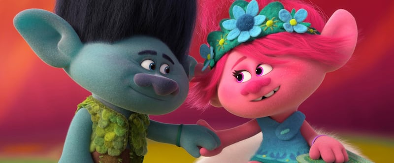 This image released by DreamWorks Animation shows characters Branch, voiced by Justin Timberlake, left, and Poppy, voiced by Anna Kendrick in a scene from "Trolls World Tour." (DreamWorks Animation via AP)
