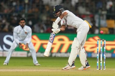 India's Shreyas Iyer bats during the second day of the second cricket test match between India and Sri Lanka in Bengaluru, India, Sunday, March 13, 2022.  (AP Photo / Aijaz Rahi)