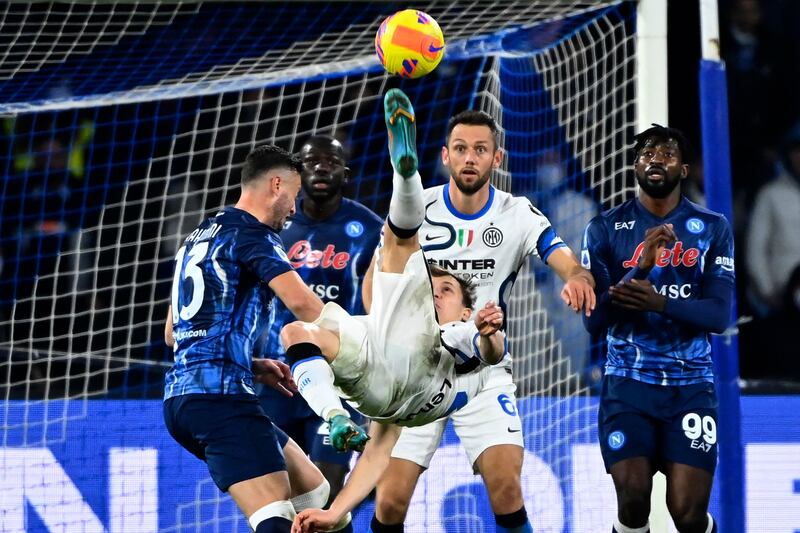 Inter Milan's Nicolo Barella attempts on overhead kick. AFP