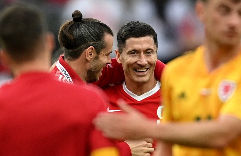 Wales' Gareth Bale and Poland's Robert Lewandowski after the Nations League match at Wroclaw Stadium, Wroclaw. Poland won the match 2-1. PA