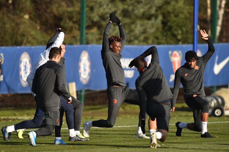 Chelsea's Tammy Abraham, centre, during a training session in Stoke D'Abernon. AFP