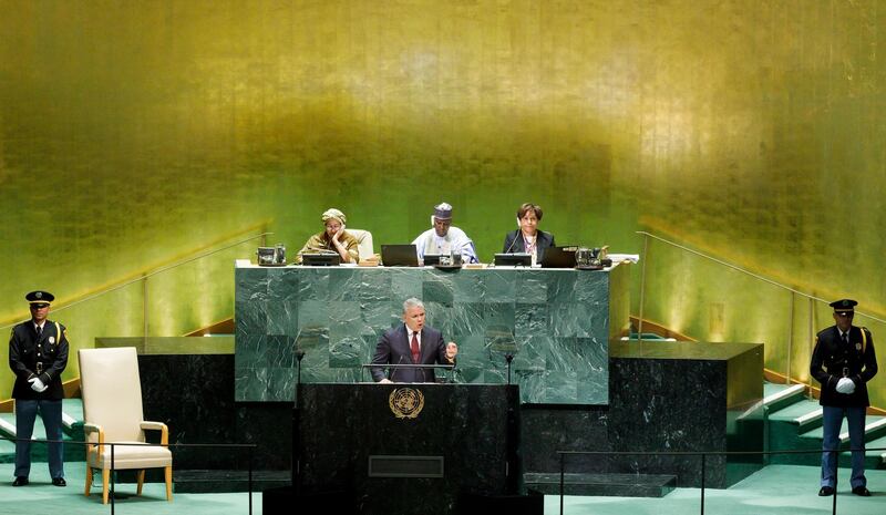 Columbia's President Ivan Duque Marquez addresses the General Debate of the 74th session of the General Assembly of the United Nations at United Nations Headquarters in New York, New York, USA. The annual meeting of world leaders at the United Nations runs until 30 September 2019.  EPA