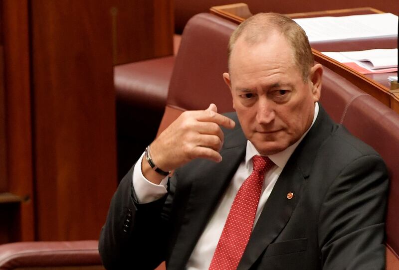 CANBERRA, AUSTRALIA - APRIL 03: Senator Fraser Anning in the Senate at Parliament House on April 03, 2019 in Canberra, Australia. Senator Anning is facing a censure motion over his comments following the Christchurch terror attack on 15 March, in which he blamed the Muslim population in New Zealand for the shooting. (Photo by Tracey Nearmy/Getty Images)