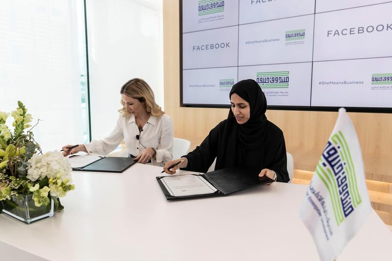 ABU DHABI, UNITED ARAB EMIRATES. 12 FEBRUARY 2020. Regional Director of Facebook, Mrs Derya Matras and Khalifa Fund acting CEO Mrs Mouza Al Nasri. The Khalifa Fund and Facebook Middle East memorandum signing ceremony at the Dubai Youth Hub for the #shemeansbusiness launch that will empower Emirati woman in the start-up sphere.. (Photo: Antonie Robertson/The National) Journalist: Alkesh Sharma. Section: Business.
