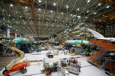 Several Boeing 777X aircraft in various stages of production at the Boeing production facility in Everett, Washington, US. Reuters