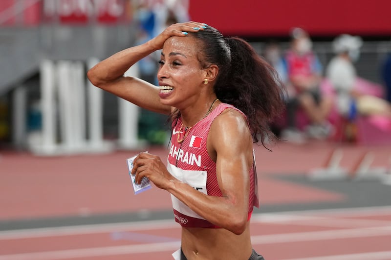 Kalkidan Gezahegne, of Bahrain, celebrates after winning the silver medal in the women's 10,000 metres in Tokyo.
