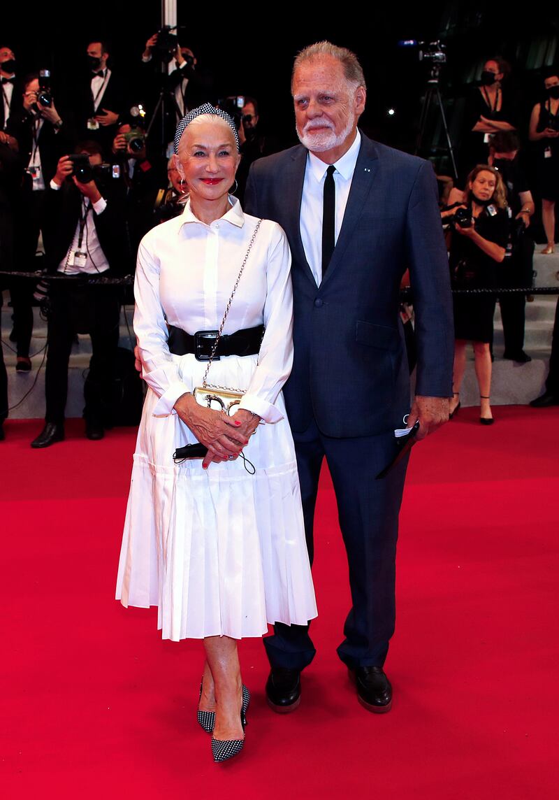 Helen Mirren and Taylor Hackford attend the screening of 'The Velvet Underground' during the 74th annual Cannes Film Festival on July 7, 2021.