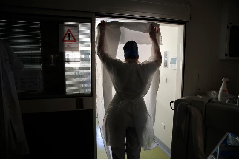 A medical worker prepares to tend to Covid-19 patients in the Amiens Picardie hospital, north of Paris. AP Photo