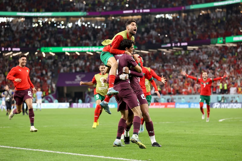 Achraf Hakimi of Morocco celebrates after the team's victory in the penalty shoot-out against Spain. Getty 