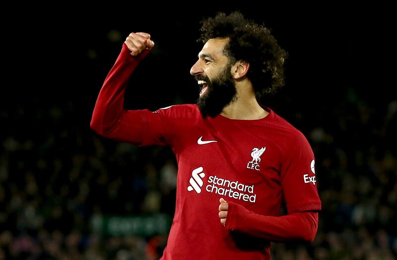 Mohamed Salah of Liverpool celebrates after scoring his second goal in the  6-1 thrashing of Leeds United. EPA