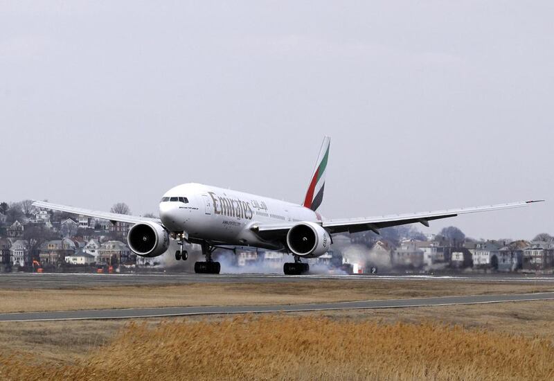 Emirates Airline's inaugural non-stop flight to Boston arrives at Logan International Airport on Monday, March 10. AP Photo / The Boston Globe, Jessica Rinaldi