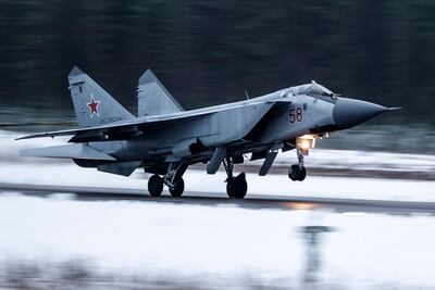 A MiG-31 fighter of the Russian air force takes off at an air base during military drills in Tver region, Russia. AP