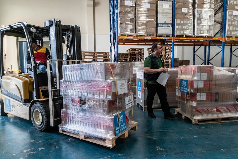 Emergency aid packaged up for transport from the WHO warehouses in Dubai to be sent to Turkey and Syria. All photos: Antonie Robertson / The National


