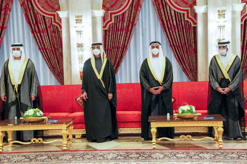 Sheikh Mohammed described the changes as a 'mini reshuffle' of the UAE Cabinet. Pictured is Sheikh Mansour bin Zayed,  Deputy Prime Minister and Minister of Presidential Affairs, Sheikh Saif bin Zayed, Deputy Prime Minister and Minister of Interior, and Sheikh Hamdan bin Mohammed, Crown Prince of Dubai