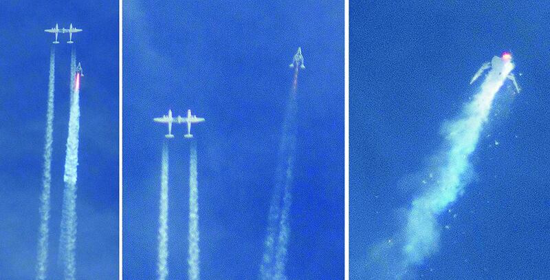 This three image combo photo shows the Virgin Galactic SpaceShipTwo rocket separating from the carrier aircraft, left, prior to it exploding in the air, right, during a test flight on Friday, October 31. The Virgin Galactic rocket that exploded during a test flight killed a pilot aboard and seriously injured another while scattering wreckage in Southern California’s Mojave Desert. Kenneth Brown / AP