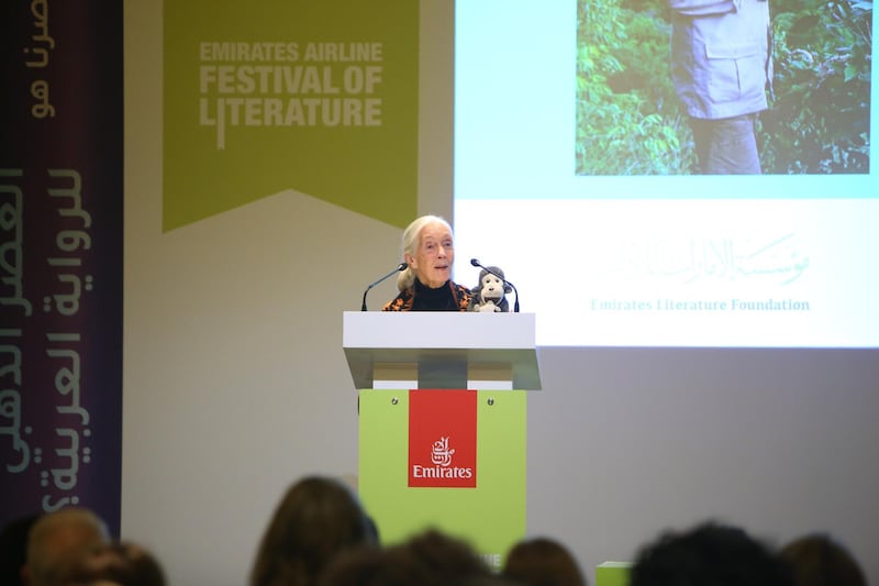Goodall spoke for 45 minutes without the need for notes. Some queued for an hour to hear her speak. Courtesy Emirates Airline Festival of Literature