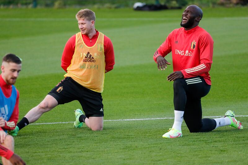 Kevin De Bruyne, left, and Romelu Lukaku during training on Wednesday. EPA