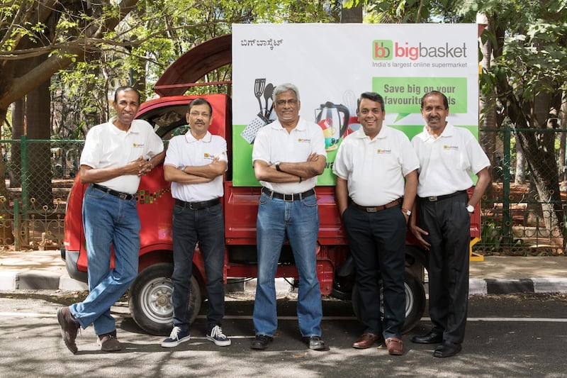 Hari Menon, co-founder and chief executive officer of Bigbasket, an e-grocer operated by Supermarket Grocery Supplies Pvt, center, poses for a photograph with fellow co-founders V.S. Sudhakar, from left, Vipul Parekh, Abhinay Choudhari and VS Ramesh in Bengaluru, India, on Monday, Feb. 26, 2018. Bangalore-based Bigbasket delivers everyday cooking essentials like ghee (clarified butter), diced coconut and fragrant basmati rice, as well as 18,000 other items from bread to laundry detergent to eight million customers in 25 Indian cities. Photographer: Samyukta Lakshmi/Bloomberg
