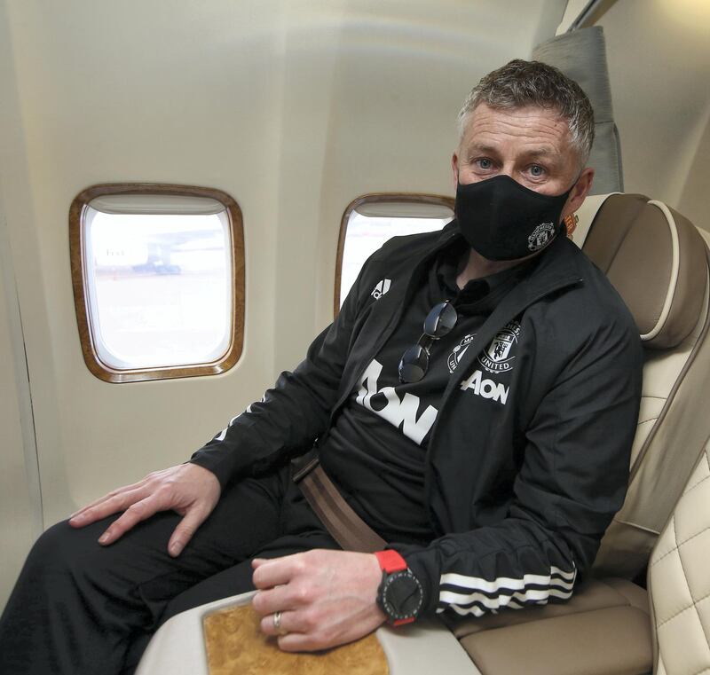 MANCHESTER, ENGLAND - FEBRUARY 17: (EXCLUSIVE COVERAGE)  Manager Ole Gunnar Solskjaer of Manchester United poses on the plane ahead of their flight to Turin at Manchester Airport on February 17, 2021 in Manchester, England. (Photo by Matthew Peters/Manchester United via Getty Images)