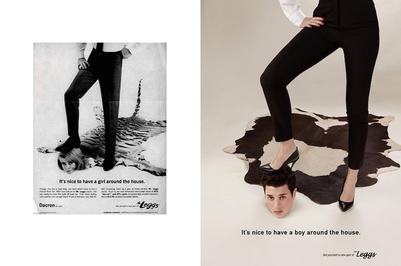 This ad for Mr Leggs trousers shows a man stamping on the head of a woman who has been turned into a rug. In Rezkallah’s version, a woman grinds her stiletto into the head of a sad-looking man above the words, “It’s nice to have a boy around the house”. Photography Eli Rezkallah, produced by Plastik Studios 2018