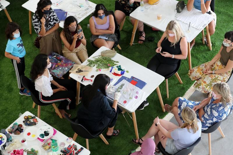 Instructor Dijana sustainable printing on scarfs at Mind, Pody & Soul, Alserkal Avenue, Dubai on June 19th, 2021. Chris Whiteoak / The National. 
Reporter: N/A for News