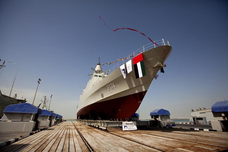 Abu Dhabi Ship Building specialises in the construction, repair and refit of naval, military and commercial vessels. Above, one of the Baynunah warships the ship builder has made. Christopher Pike / The National