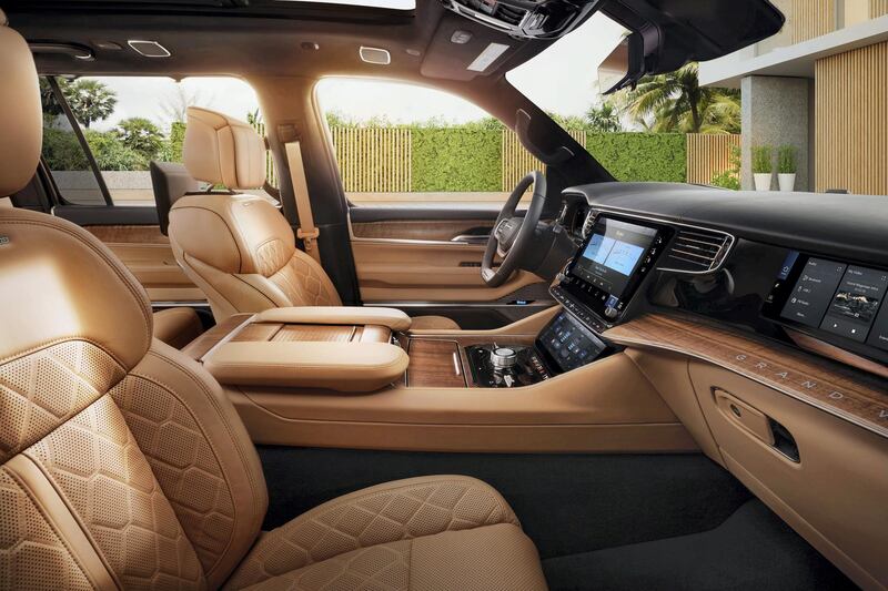 All-new 2022 Grand Wagoneer interior front row with Palermo leather seating with quilting and leather-wrapped instrument panel, consoles and door panels with accent stitching is available.