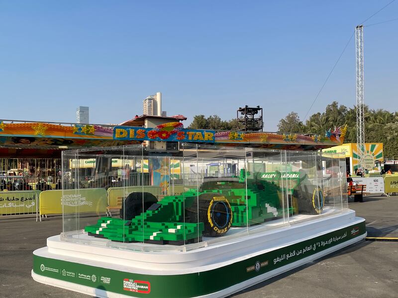 A lego model of a Formula One car is on display.