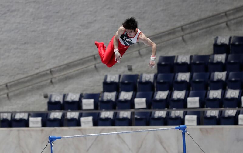 Kohei Uchimura of Japan competes in the horizontal bar. AP