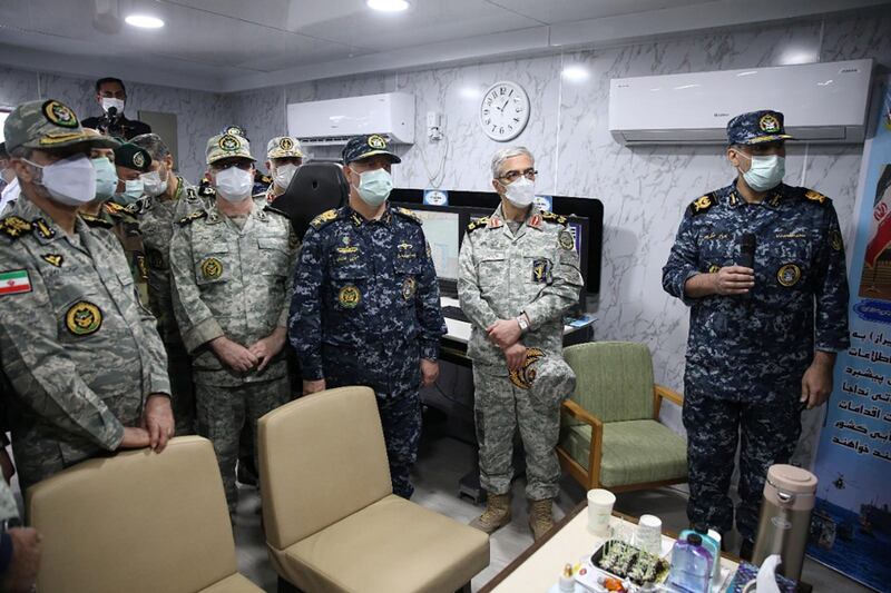 Iran's Army chief Major General Abdolrahim Mousavi visits the Iranian-made warship Makran during an exercise in the Gulf of Oman. Iranian Army/WANA via REUTERS