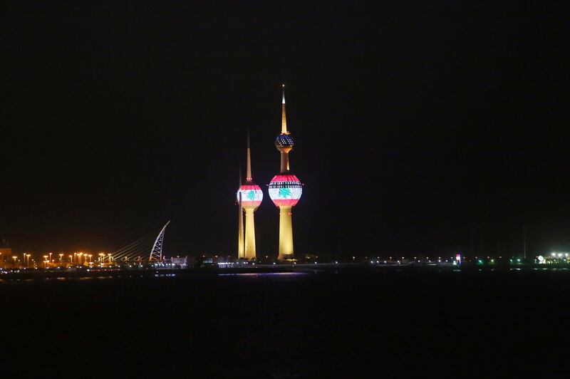 The Lebanese flag projected on the Kuwait towers in a show of solidarity. AFP