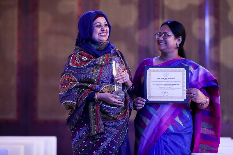 Kazi Tasmin Ara Ajmery, and Ms. Munira Sultana, Deputy Secretaries for the Ministry of Disaster Management & Relief in Bangladesh at the United Nations Public Service Awards, Dubai. Khushnum Bhandari / The National