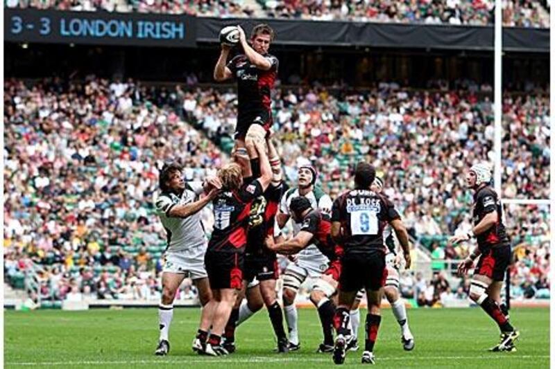 Ernst Joubert rises highest to win a lineout for Saracens in their victory over London Irish at Twickenham on Saturday.