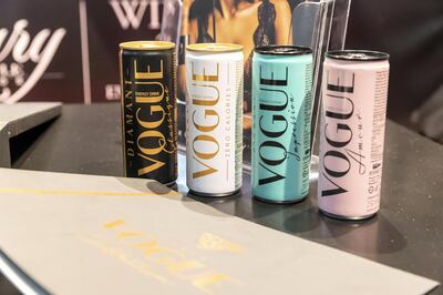 DUBAI, UNITED ARAB EMIRATES. 23 FEBRUARY 2021. Gulffood Exhibition at the Dubai World Trade Center. Vogue Energy drink product. (Photo: Antonie Robertson/The National) Journalist: Janice Rodriquez. Section: National.