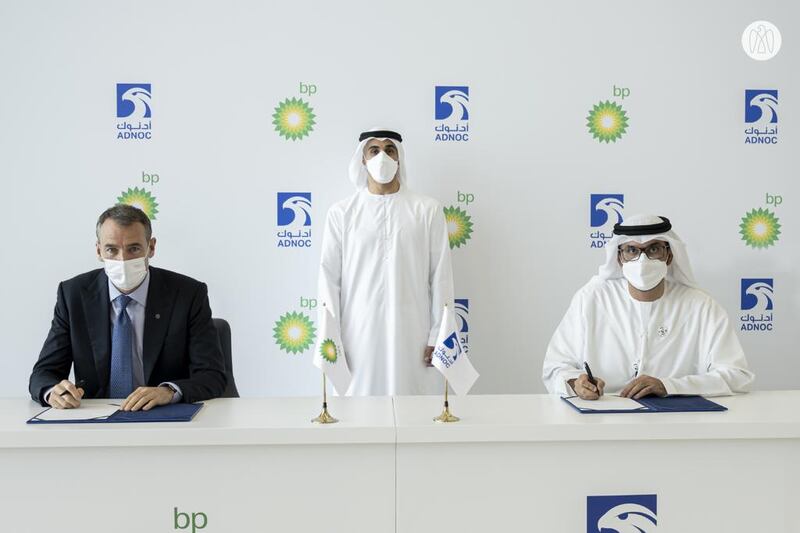 Sheikh Khaled bin Mohamed, member of the Abu Dhabi Executive Council and chairman of the Abu Dhabi Executive Office, witnesses the signing of the agreement to develop clean hydrogen. All photos: Adnoc