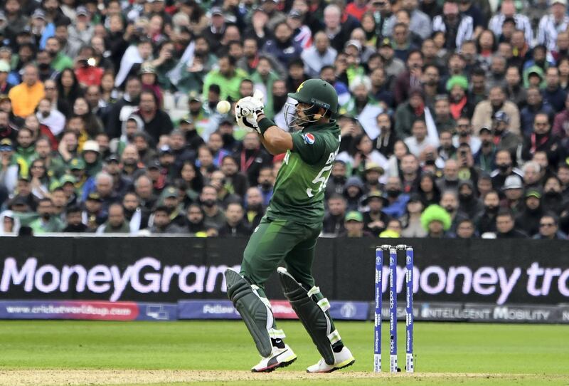 Pakistan's Babar Azam plays a shot during the 2019 Cricket World Cup group stage match between New Zealand and Pakistan at Edgbaston in Birmingham, central England, on June 26, 2019. (Photo by Paul ELLIS / AFP) / RESTRICTED TO EDITORIAL USE