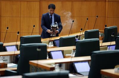 Preparations for Wednesday’s parliamentary session in Kuwait City, which the government refrained from attending. AFP