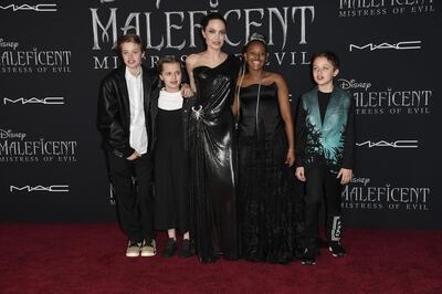 LOS ANGELES, CALIFORNIA - SEPTEMBER 30: (L-R) Shiloh Nouvel Jolie-Pitt, Vivienne Marcheline Jolie-Pitt, Angelina Jolie, Zahara Marley Jolie-Pitt, and Knox Leon Jolie-Pitt attends the World Premiere Of Disney's Maleficent: Mistress Of Evil" - Red Carpet at El Capitan Theatre on September 30, 2019 in Los Angeles, California.   Frazer Harrison/Getty Images/AFP
== FOR NEWSPAPERS, INTERNET, TELCOS & TELEVISION USE ONLY ==
