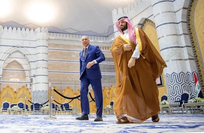 Saudi Crown Prince Mohammed bin Salman with Iraqi Prime Minister Mustafa Al Kadhimi in Jeddah, Saudi Arabia. Reuters