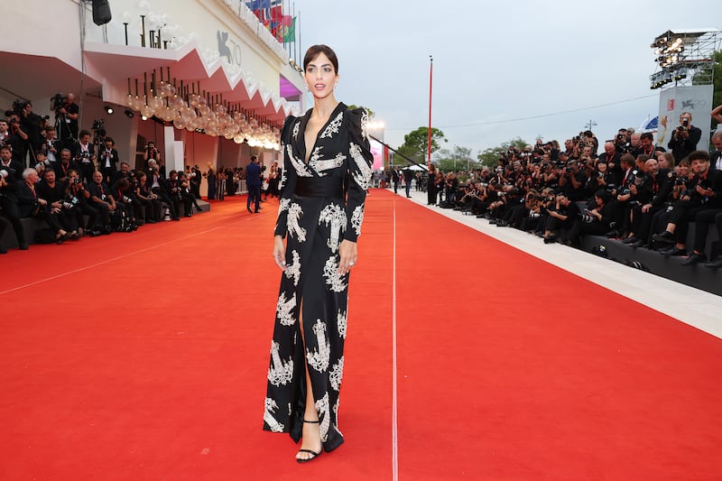 Festival hostess Rocio Munoz Morales, in a monochrome printed dress, attends the premiere. Getty Images