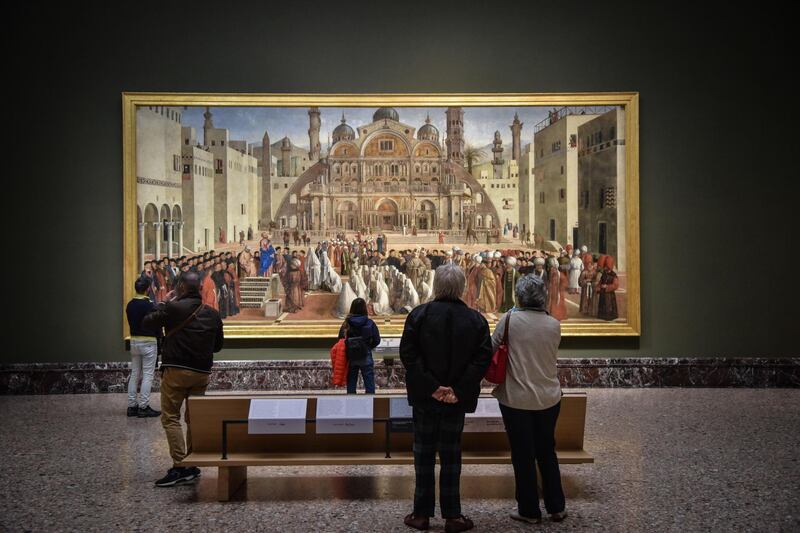 Visitors look at exhibits at the Pinacoteca di Brera in Milan, Italy. The Pinacoteca di Brera reopened to the public after being closed during lockdown. EPA
